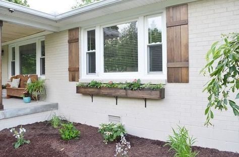 How to Build a Window Box Shutters And Window Boxes, White Brick House, Build A Window, Exterior Home Makeover, Brick Ranch, Home Exterior Makeover, Wooden Shutters, Brick Exterior House, Shutters Exterior