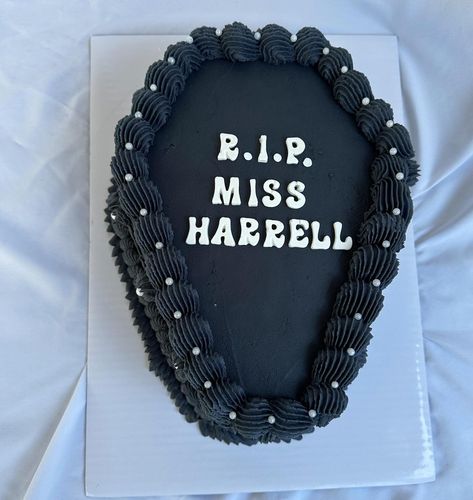 LOVED this theme for a bachelorette party! ⚰️💀⚰️ Any size or shape cake, I can make! ~Customer ordered a vanilla shaped coffin cake for the bride. She requested all black with white pearl accents Coffin Cake, Shape Cake, White Pearl, Bachelorette Party, Pearl White, All Black, The Bride, Vanilla, I Can