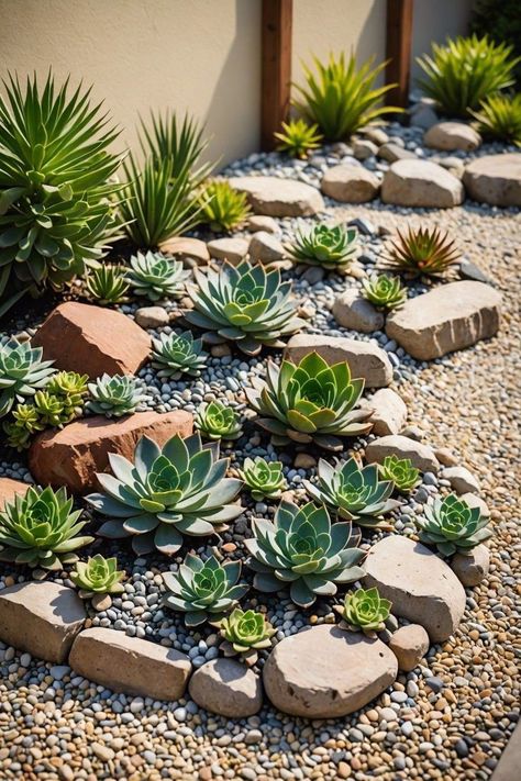 Succulent Landscape Design Backyards, Succulent Landscape Design Front Yards, Cactus Plants Outdoor, Flowerbed Landscaping, Desert Yard, Succulent Landscaping Front Yard, Agave Garden, Cactus Garden Landscaping, Succulent Rock Garden