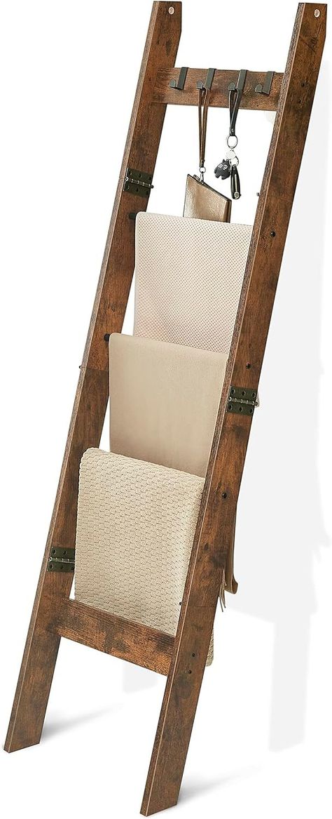 Hzuaneri Blanket Ladder Shelf for Living Room, Decorative Wood Quilt Rack with 4 Removable Hooks, 5-Tier Farmhouse Ladder Holder Organizer for Bedroom, Rustic Brown Hobby Lobby Farmhouse Decor Living Room, Rustic Blanket Ladder, Wooden Blanket Ladder, Farmhouse Ladder, Wood Quilt, Quilt Ladder, Rustic Blankets, Shelf For Living Room, Quilt Rack