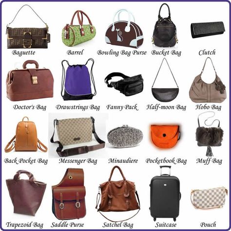 Bag Vocabulary in English Vocabulary Clothes, Types Of Bags, Fashion Terminology, Types Of Handbags, Types Of Purses, Esl Vocabulary, Mode Tips, Bag Names, Fashion Dictionary