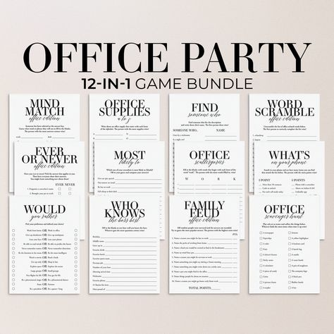 "Are you hosting an Office Party and looking for some fun games to spice up the party and break the ice? Look no further! This huge Office Party Games Bundle is the perfect addition to any staff party, happy hour, or team meeting.  This printable work party games bundle includes the following 12 games and activities: * Ever or Never * Family Feud (answer key included) * Find Someone Who * Mind Match * Most Likely To * Office Supplies A to Z * Scattergories * Scavenger Hunt * Whats On Your Phone * Who Knows The Boss Best * Word Scramble (answer key included) * Would You Rather This office party game pack is an instant download. Within minutes of your order and payment, an e-mail will be sent to the address you have associated with your Etsy account with a link for your download.   You can a Team Building Icebreakers, Work Party Games, Work Team Building, Icebreaker Games, Office Party Games, Staff Party, Document Printing, Ice Breaker Games, Office Word