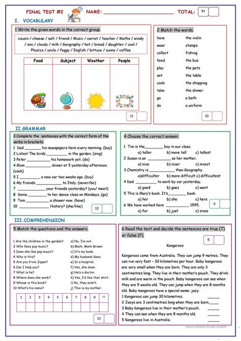 Tutoring Activities, English Grammar Test, Test For Kids, Final Test, English Grammar Worksheets, English Test, Grammar Practice, English Language Teaching, Classroom Language