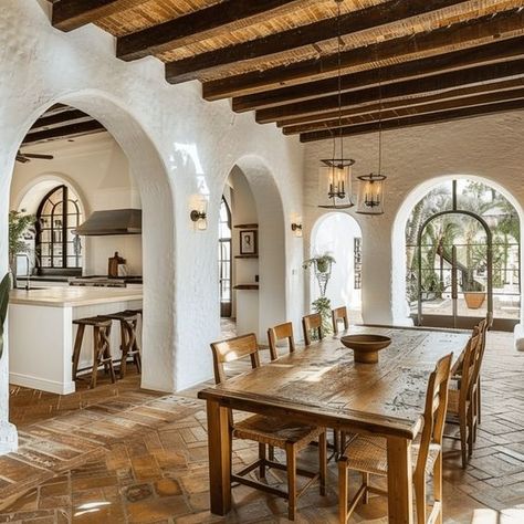 Spanish Villas Exterior, Mexican Villa Interior Design, California Ranch Kitchen, Spanish Brick House Exterior, Spanish House Design Interior, Hacienda Inspired Homes, Spanish Mountain Home, Spanish Craftsman Style Homes, Spanish Pueblo Revival