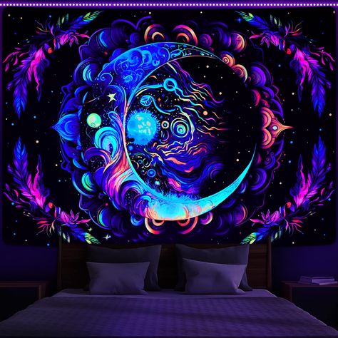 PRICES MAY VARY. BLACK LIGHT /UV REACTIVE: With special inks and advanced printing technology, the moon mandala tapestry will glow perfectly under blacklight / UV light in the dark. Contains gorgeous mandala patterns this moon tapestry will bring your room an unique view, giving you a elegant environment. AMAZING MATERIAL: This blacklight tapestry is made of high quality polyester material, which is soft, skin-friendly, durable, wrinkle-free and not easy to fade. VARIOUS SIZE: The UV reactive ta Mysterious Aesthetic, Mandala Tapestry Bohemian, Aesthetic Tapestry, Blacklight Tapestry, Moon Mandala, Moon Tapestry, Boho Tapestry, Bohemian Tapestry, Tapestry Wall Art