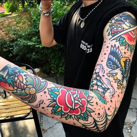 Traditional Tattoo Sleeve Filler, Traditional Tattoo Arm, American Style Tattoo, Old School Tattoo Sleeve, American Traditional Sleeve, Many Tattoos, Tato Tradisional, Tattoo Sleeve Filler, Traditional Tattoo Old School