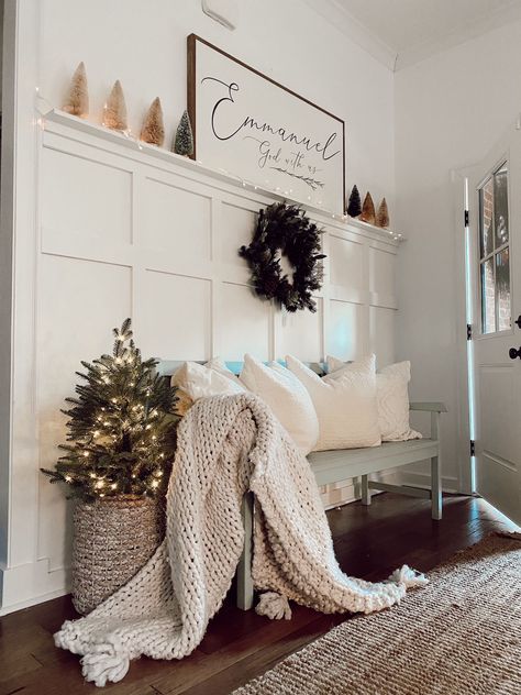 Christmas entryway decor Neutral Christmas Decor Entryway, Christmas Entryway Bench Decor, Entryway Bench Christmas Decor, Entry Bench Christmas Decor, Christmas Entry Bench, Christmas Entryway Bench, Christmas Bench Decor, Christmas Entryway Decor Front Entry, Entryway Christmas Tree Farmhouse