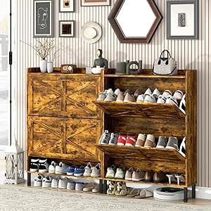 howcool Shoe Storage Cabinet for Entryway, Fits Size 13, 48 Pairs Sturdy Wood Farmhouse Shoe Rack Organizer with 4 Flip Drawers, 10-Tier Slim Narrow Freestanding Hidden Shoe Storage, Rustic Brown Farmhouse Shoe Rack, Hidden Shoe Storage, Shoe Rack Organizer, Narrow Shoe Rack, Shoe Rack Organization, Wood Farmhouse, Narrow Shoes, Entryway Hallway, Shoe Storage Cabinet