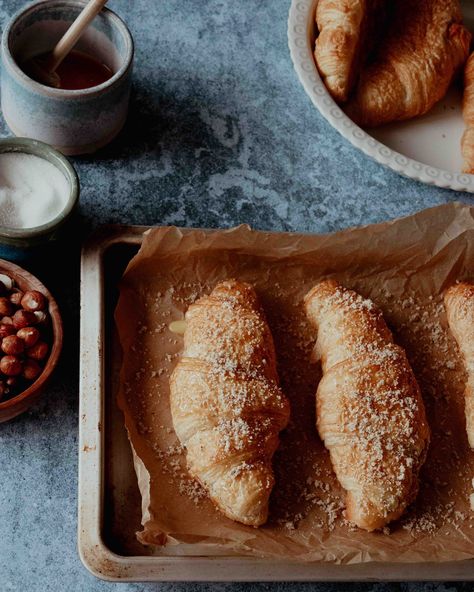 Homemade hazelnut croissants. Swiss Pastries, Almond Paste Filling, Visiting Switzerland, Hazelnut Filling, Homemade Croissants, Almond Croissant, Visit Switzerland, Almond Paste, Hazelnut