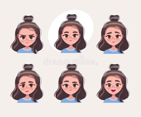 Woman Character Illustration, Women Cartoon Characters, Girls Cartoon Face, Expressions Illustration, Different Face Expressions, Illustration Eyes, Character Emotions, Create Cartoon Character