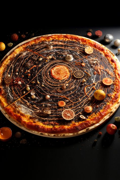 Feast your eyes on this celestial creation! Behold a pizza transformed into a mouthwatering representation of our solar system. Each flavorful topping orbits in perfect harmony, turning dinner into a cosmic adventure. Savor 'Cosmic Flavor' and explore the universe—one delicious slice at a time. #pizza #food #streetfood #solarsystem #cosmicflavor #celestial #toppings #harmony #dinner #cosmic #adventure #universe #deliciousslice #cooking #signaturecuisine #servingdish #culinaryidea #culinary Sci Fi Food Ideas, Moon Theme Food, Celestial Food, Theme Dinners, Space Pizza, Moon Food, Space Food, Laser Beam, Pizza Food