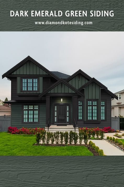 Dark Green Outside House, Hunter Green House Exterior Black Trim, Dark Outside House Colors, Emerald Diamond Kote Siding, Olive Green Exterior House Colors Board And Batten, Dark Green And Brown House Exterior, Dark Green And Black Exterior House Colors, Dark Green And Brick House Exterior, Black Green House Exterior