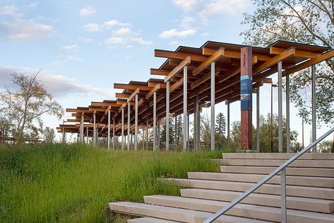 St. Patrick's Island Amenity Structures - W Architecture & Landscape Architecture LLC Urban Spaces Design, Folding Architecture, Urban Island, Hydroelectric Power Plant, Covered Walkway, Pavilion Architecture, Pedestrian Walkway, Organic Structure, Landscape Elements