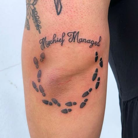 Mischief Managed Tattoo, Quote Tattoo Ideas, Harry Potter Tattoo Sleeve, Peter Pan Tattoo, Harry Tattoos, Harry Potter Quote, Science Tattoos, Forearm Tattoo Quotes, Hp Tattoo