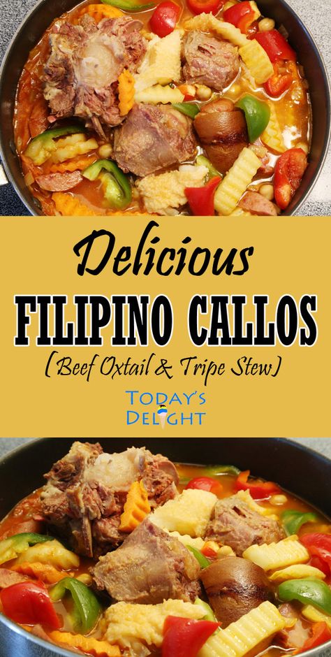 Tender and delicious Callos recipe made with beef oxtail, tripe and vegetables in tomato base sauce. For recipe and more visit todaysdelight.com Oxtail Curry Recipe, Pinoy Food Filipino Dishes, Light Tomato Sauce, Pilipino Food Recipe, Tripe Stew, Tripe Recipes, Beef Oxtail, Beef Tripe, Homemade Sausage Recipes