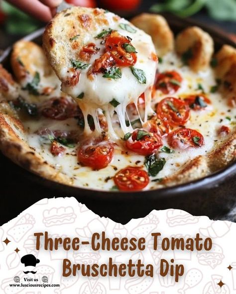 The Home Chef's Cookbook | Three-Cheese Tomato Bruschetta Dip Recipe 🧀🍅🥖 | Facebook Bruschetta Dip Recipe, Bruschetta Dip, Cheese Tomato, Tomato Bruschetta, Three Cheese, Dip Recipe, Shredded Mozzarella, Ricotta Cheese, Home Chef