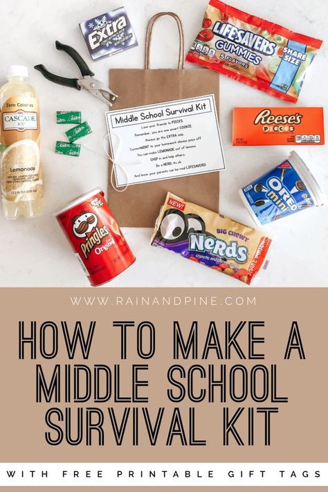 How to Make a DIY Middle School Survival Kit Grad Gift with FREE printable gift tags - To create a DIY middle school survival kit, simply download my free printable gift tag and attach it to a small gift bag using a hole punch and some twine. This gift tag uses fun word play to create positive, encouraging messages for your new middle school student. For this kit you need Reese's Pieces, cookies, EXTRA gum, Andes mints, something lemonade flavored, chips, nerds, and lifesavers. - Rain and Pine Middle School Gift Ideas, Back To School Kits For Students, Middle School Promotion Gifts, Middle School Survival Kit For Students, 6th Grade Promotion Gifts, Middle School Survival Kit 6th Grade, 6th Grade Promotion Ideas, Back To School Survival Kit For Students, Back To School Survival Kit For Teachers