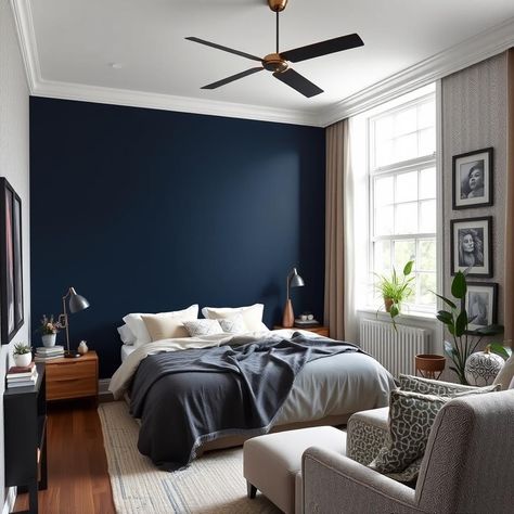 Bedroom Accent Wall Ideas to Transform Your Space Dark Blue Grey Accent Wall, Dark Blue Wall Bedroom, Dark Blue Accent Wall Master, Dark Blue Wallpaper Home Decor, Dark Blue Statement Wallpaper, Blue Feature Wall Bedroom, Dark Blue Modern Wallpaper, Dark Blue Bedroom Walls, Blue Accents Living Room