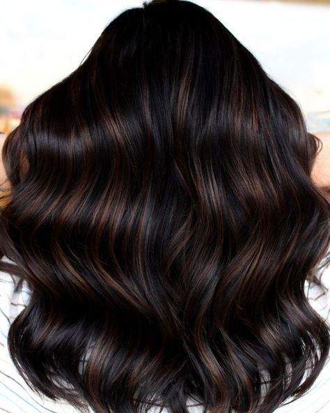 Black Hair with Subtle Chocolate Balayage Balayage On Black Hair, Black Hair Ideas, Dark Balayage, Dark Black Hair, Purple Hair Highlights, Long Hair Highlights, Light Brown Highlights, Orange Highlights, Black Hair Balayage