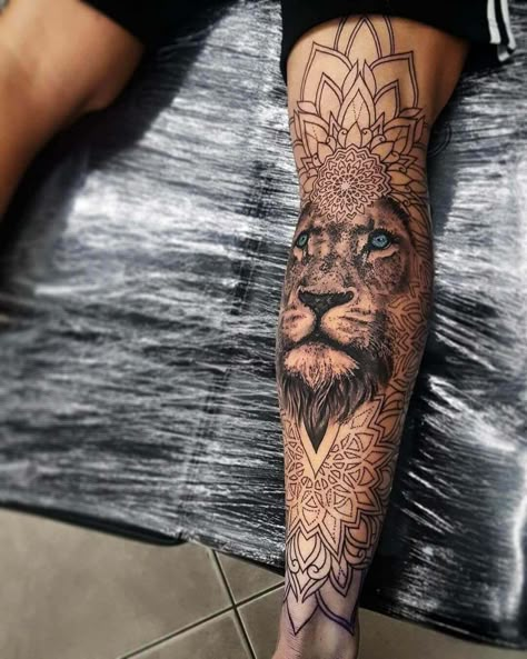 14+ Mandala & Lion Tattoo Designs | PetPress Mandala Lion Tattoo, Best Leg Tattoos, Lion Mandala, Tattoo Trend, Lion Tattoo Design, Cat Tattoos, Leg Tattoo Men, Leg Sleeve Tattoo, Cool Tattoos For Guys