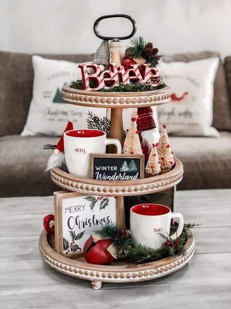 Three Tiered Tray, Christmas Party Ideas For Teens, Tray Decor Christmas, Christmas Tray, Tiered Tray Diy, Tray Ideas, Hot Chocolate Bars, Noel Christmas, Christmas Kitchen