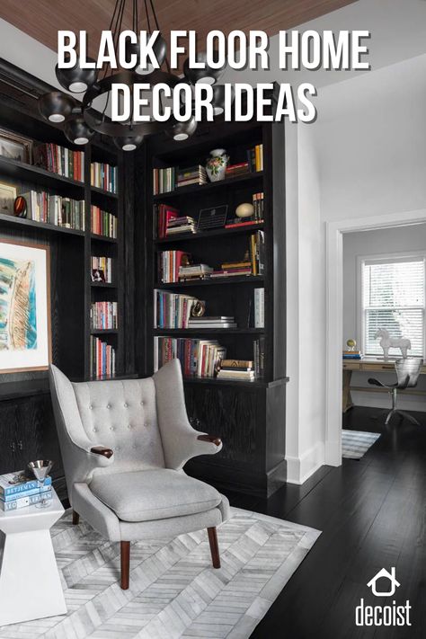 Black Living Room Floor, Living Room White Walls Black Trim, Black Floor Decor Interior Design, Black Vinyl Flooring Living Room, Rooms With Black Floors, White Walls Black Floors, Painted Black Floors, Black Floor Living Room Ideas, Dark Vinyl Flooring Living Room