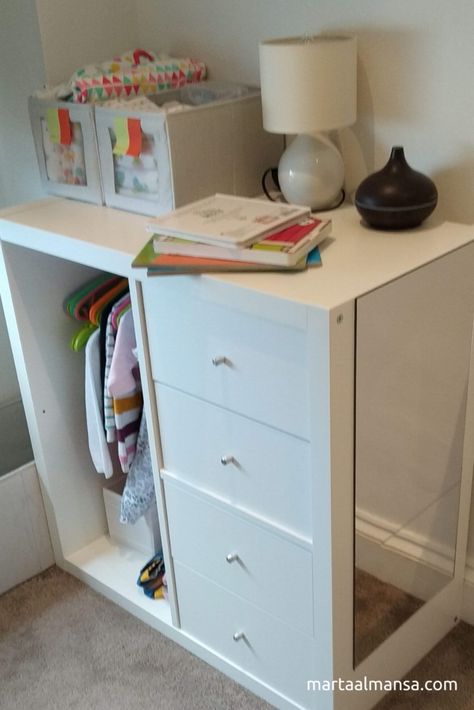 Kallax Montessori wardrobe: IKEA hack made easy | Marta Almansa | Nurse & Author Ikea Kallax Hack Kids Wardrobe, Kallax Hack Nursery, Ikea Standing Shelves, Ikea Kallax Kids Closet, Montessori Toddler Wardrobe Ikea, Ikea Kallax Montessori Wardrobe, Ikea Toddler Wardrobe Hack, Ikea Toddler Closet, Kallax Nursery Ideas