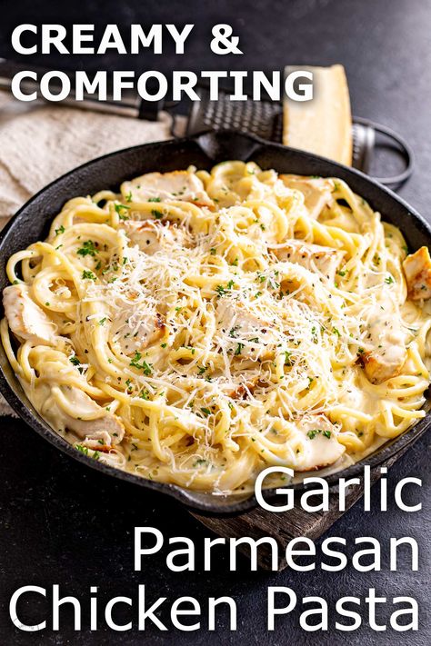 This Garlic Parmesan Chicken Pasta is a great family meal that can be on the table within 30 minutes. Tender chunks of chicken and spaghetti smothered in an irresistible creamy garlic parmesan sauce. It's a dish that screams comfort food. Pair this pasta dish with some crusty bread, a simple side salad, or veggies, and you have a delicious, easy weeknight dinner that will become a sure family favorite. Chicken And Spaghetti, Simple Side Salad, Garlic Parmesan Chicken Pasta, Parmesan Chicken Pasta, Creamy Garlic Parmesan Sauce, Garlic Chicken Pasta, Garlic Parmesan Pasta, Garlic Parmesan Sauce, Chicken Spaghetti Recipes