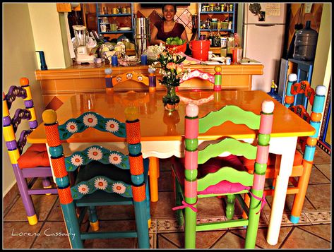 mexican painted kitchen | Marisol, 6 painted chairs and table | Flickr - Photo Sharing! Mexican Painted Furniture, Mexican Casa, Mexican Chairs, Mexican Style Kitchens, Mexican Furniture, Whimsical Painted Furniture, Painted Chair, Mexican Kitchens, Mexican Home Decor