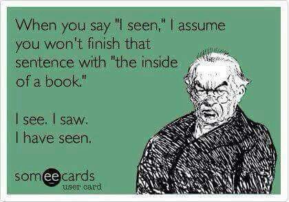 When you say, I seen, I assume you won't finish that sentence with, the inside of a book. I see. I saw. I have seen. What I Like About You, Grammar Humor, Pet Peeves, Drive Me Crazy, Clipuri Video, E Card, Teacher Humor, Someecards, Look At You