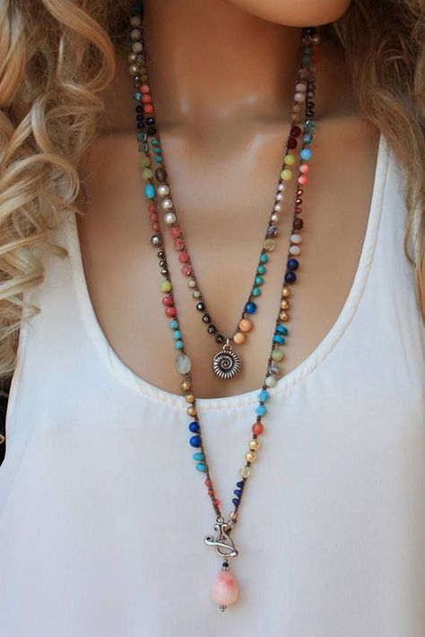 Colorful  Gemstone Crochet Long Wrap Necklace ,Boho Chic Jewelry Crochet Necklaces, Necklaces Boho, Raw Stone Jewelry, Wrap Necklace, Lapis Lazuli Necklace, Boho Chic Jewelry, Wrap Necklaces, Necklace Statement, Necklace Blue