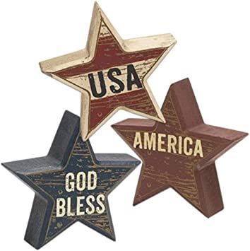 Amazon.com: HAPPY DEALS ~ Set of 3 | Wooden Distressed Patriotic Star Sitter Blocks Tabletop Decor - USA, America and God Bless - 3 pc Set - 4 inch : Home & Kitchen Star Shelf, Primitive Star, Primitive Americana, Shelf Sitters, Wood Stars, Primitive Gatherings, Primitive Kitchen, Patriotic Stars, Americana Decor