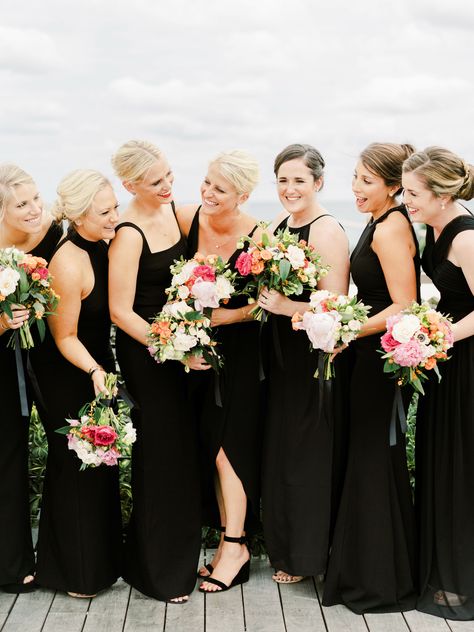 Black Bridesmaid Dresses Spring, Black Bridesmaid Dresses Fall, Long Black Bridesmaid Dresses, Black Bridesmaid Dresses Long, Pink Bouquets, Wedding Roles, Black Bridesmaid, Bridesmaid Attire, Black Bridesmaids