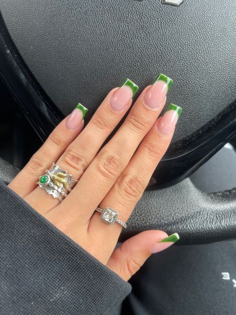 #frenchnails #frenchtipnails #greennails White Nails With Green, Green French Tips, Nails With Green, Green French, Colored Acrylic, Colored Acrylic Nails, French Tips, French Tip Nails, Green Nails