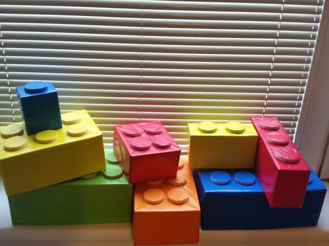 Giant Lego bricks (made with carton boxes) Large Lego Blocks, Giant Lego Blocks, Lego Classroom, Summer Camp Themes, Lego Themed Party, Lego Theme, Lego Boxes, Ninjago Birthday, Lego Diy