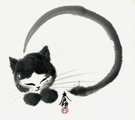 Zen-Poetry-Buddhism-enso cat-Tsun Ming-Haiku_Friday-tanka-Vashti Quiroz Vega-VashtiQ-The Writer Next Door-poem Japanese Ink Painting, Sumi E Painting, Chinese Brush Painting, 강아지 그림, Söt Katt, Japanese Calligraphy, Painting Workshop, Art Japonais, Chinese Calligraphy