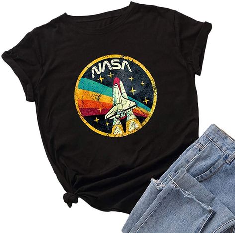 Special Gift for NASA Lovers Women Casual Summer Cute NASA Printed Graphic Tee Shirt Short Sleeve Round Neck T-shirt Top Nicetage Material: Soft and comfortable to wear Season: Spring, Summer,Autumn,Winter 13 Color: Black, Pure White, Meteor White, Light Grey, Metor Grey, Dark Grey, Pink, Dark Blue, Yellow, Wine Red, Army Green, Fluorescent Green Size: S,M,L,XL Women's/ Teen's Summer Graphic... Nasa Rocket, Shirt Blouses Women's, Preppy Look, Vintage Space, Style Preppy, Sleeve Pattern, Type Graphic, Space Shuttle, Deep Pink