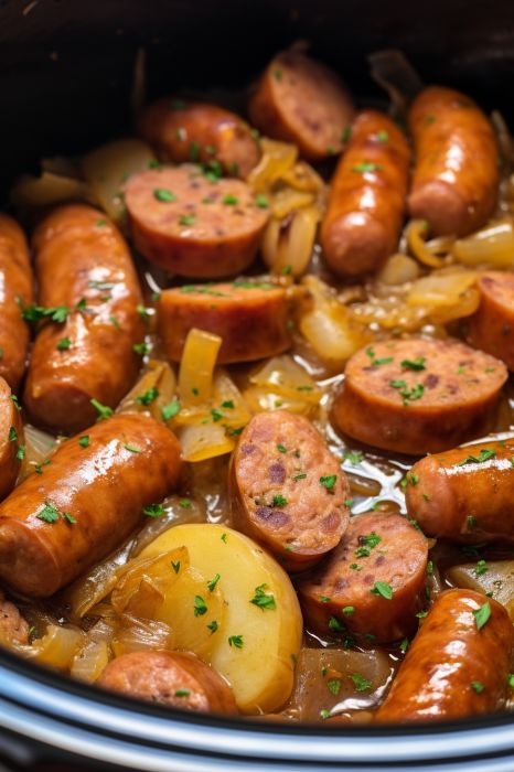 Slow Cooker Sausage - Delicious Dinner German Crock Pot Recipes, Sausages In Slow Cooker, Crockpot For 2 People, Polish Sausage Recipes Healthy, Eckridge Sausage Recipes Dinners, Crockpot Meals Sausage, Chicken Sausage Crockpot Recipes, 2 Qt Slow Cooker Recipes, Sausage Potato Crockpot