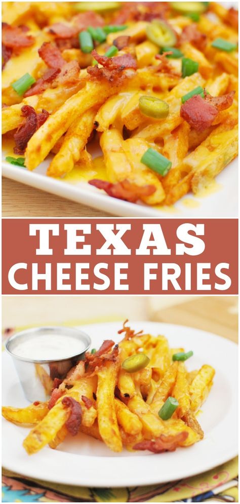 Texas Cheese Fries, Bacon Cheese Fries, Fun Appetizers, School Pizza, Awesome Appetizers, Seasoned Fries, Potatoes Recipes, Fries Recipe, Amazing Appetizers