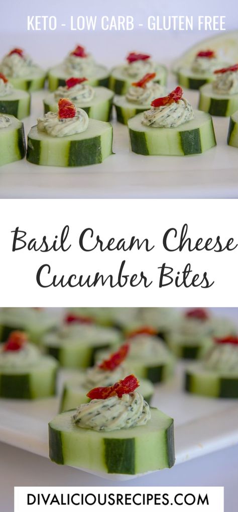 A easy and colourful low carb appetiser with cucumber and basil cream cheese topping.    #cucumber #basil #appetiser #keto #lowcarb #glutenfree #vegetarian Basil Cream Cheese, Gf Appetizers, Cream Cheese Cucumber, Cucumber Basil, Cream Cheese Appetizer, Cream Cheese Spread, Cream Cheese Topping, Cucumber Bites, Keto Diet Snacks