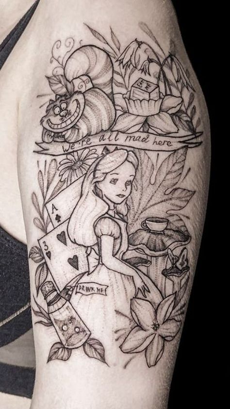 Alice In Wonderland Tattoo Thigh, Alice In Wonderland Tattoo Sleeve Ideas, Alice In Wonderland Tattoo Ideas Sketches, Alice In Wonderland Sleeve Tattoo, Fairytale Tattoo Ideas, Wonderland Tattoo Sleeve, Alice In Wonderland Sleeve, Wonderland Tattoo Ideas, Alice In Wonderland Tattoo Ideas