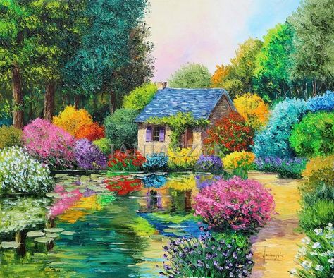 Canvas Painting Landscape, Lily Pond, Fine Arts Posters, Little House, House In The Woods, Beautiful Paintings, Classic Art, Wood Art, Fine Art Painting