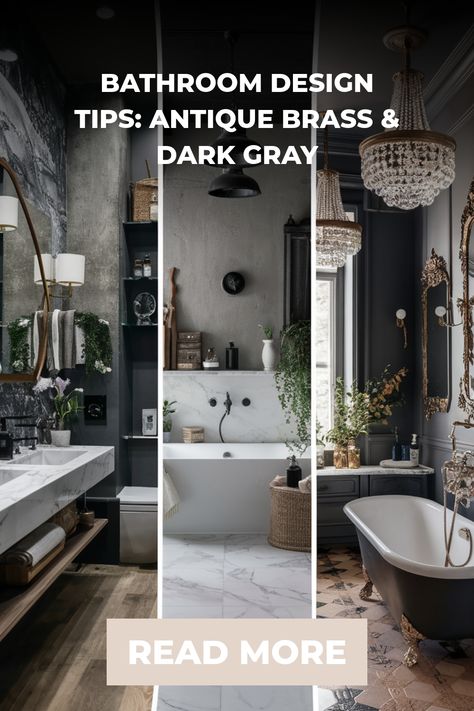 Bathroom interiors featuring antique brass fixtures and dark gray walls with luxurious accents. Bathroom Dark Colors, Gray Cabinet Bathroom, Moody Primary Bathroom, Dark Gray Bathroom Ideas, Gray Bathroom Remodel, Grey Ensuite, Gray Bathroom Ideas, Dark Brown Bathroom, Charcoal Bathroom