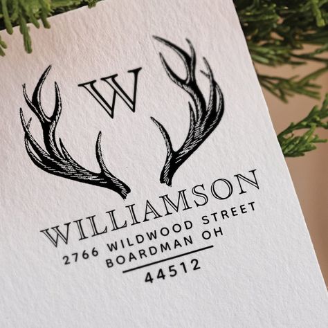 Rustic Antlers Family Monogram Return Address Rubber Stamp Holiday Envelopes, Family Logo, Family Monogram, Christmas Monogram, Return Address Stamp, Vintage Deer, Initial Name, Wood Stamp, School Notebooks