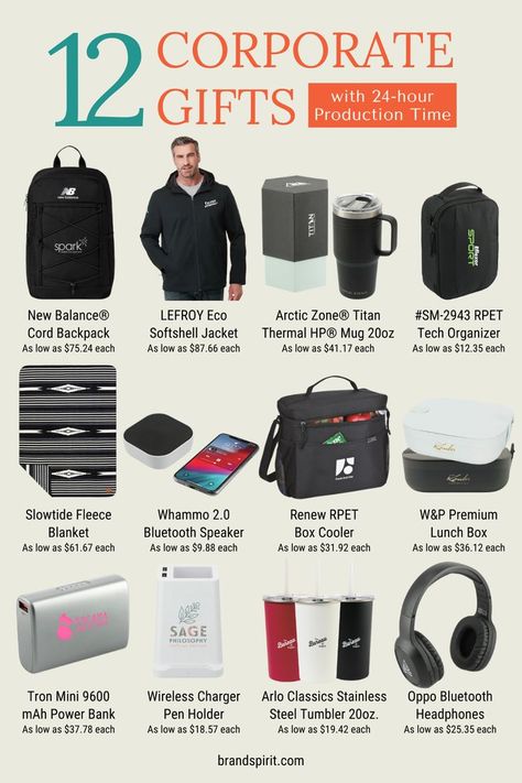 Brand and customize these quality items to give as corporate gifts. This list includes computer backpacks, promotional drinkware, lightweight jackets, and more.

But what’s really great about this collection is they offer 24-hour production time so it’s perfect when you’re in a rush. You can check out more branded items with fast turnaround time from this regularly updated catalog. Additional fees may apply for rush orders. Company Gifts Business, Corporate Promotional Items, Promotional Items Marketing, Promotional Items For Business, Unique Promotional Items, Corporate Branded Gifts, Luxury Corporate Gifts, Swag Items, Company Swag