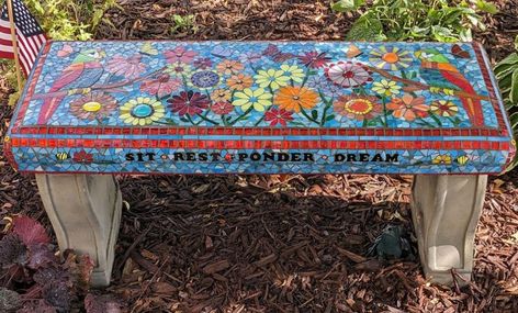 Mosaic Lovers | My mosaic garden bench. | Facebook Mosaic Bench, Patio Extension, Sculpture Wall Art, Concrete Bench, Sculpture Wall, Wall Art Metal, Mosaic Garden, Pergola Patio, Dehydration