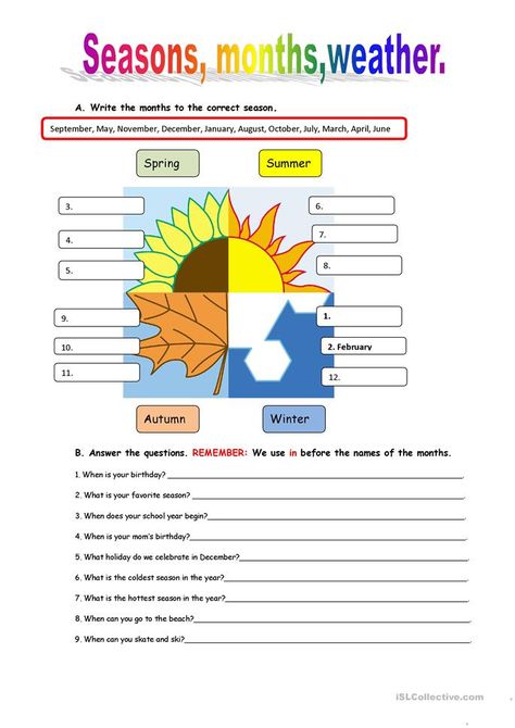 Seasons and weather - English ESL Worksheet for distance learning, home schooling and offline practice of English Worksheets For Grade 2, Teaching Weather, Seasons Lessons, Seasons Worksheets, Weather Worksheets, Weather Vocabulary, Weather Words, Seasons Months, Kids English