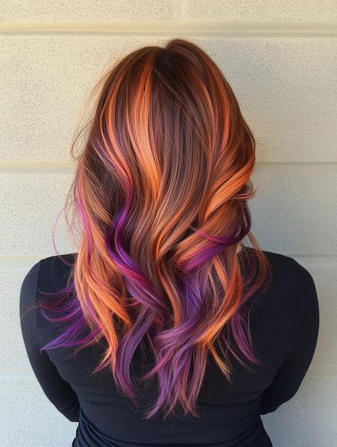 Fall Sunset Hair Color, Fall Fantasy Hair Color, Pinwheel Hair Color Ideas, Ginger And Purple Hair, Color Highlights In Brown Hair, Orange And Purple Hair, Fashion Hair Color Ideas, Purple Orange Hair, Fall Vivid Hair Color