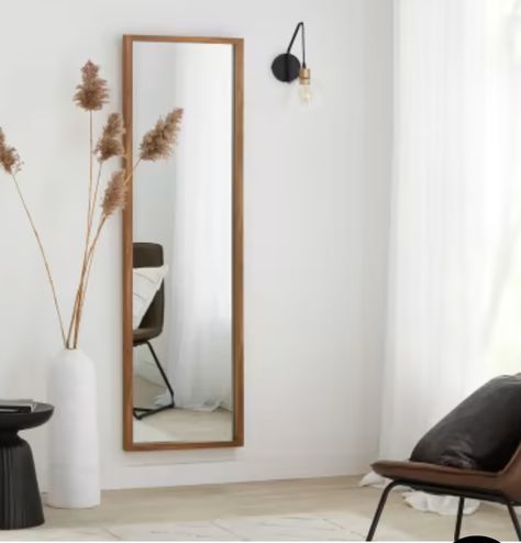 Full Length Entryway Mirror, Long Wooden Mirror, Wall Mirror Frame Design, Wall Length Mirror, Full Length Mirror In Small Bedroom, Long Mirror Entryway Ideas, Full Length Mirror On Wall, Mirror On Wall Bedroom, Full Length Mirror In Bedroom On Wall