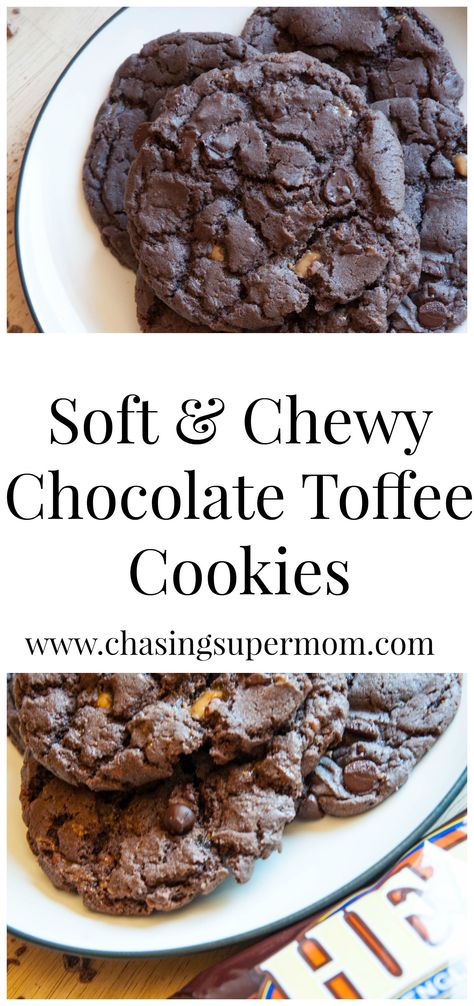 I absolutely love chewy cookies - especially ones that are so easy to make! These cookies are made from a chocolate cake mix and incorporate chocolate chips and Heath Toffee Bits! So easy and so delicious! #cookies Soft and Chewy Chocolate Toffee Cookies www.chasingsupermom.com Toffee Bits Cookie Recipe, Dessert Recipes Easy Cookies, Heath Cookies, Chocolate Toffee Cookies, Heath Bar Cookies, Heath Toffee, Cookies Soft And Chewy, Toffee Chips, Cookies Soft